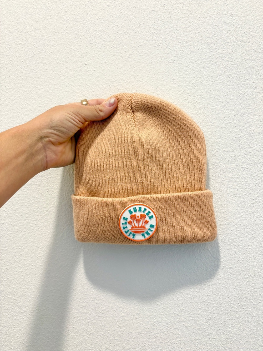 GIRLS The Little Surfer Dude Cuffed Beanie - Tan “Little Surfer Girl”